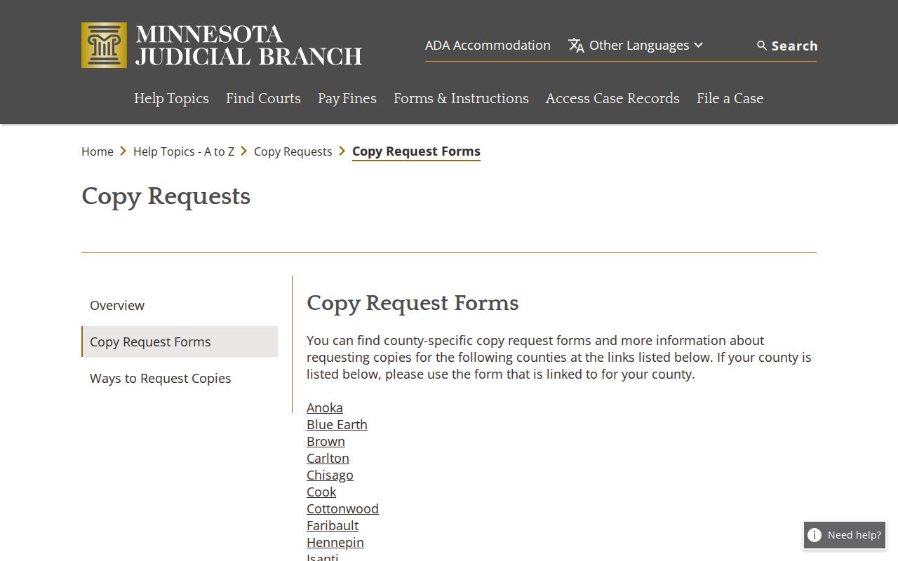 Carver County court records copy-request forms page showing the statewide form route