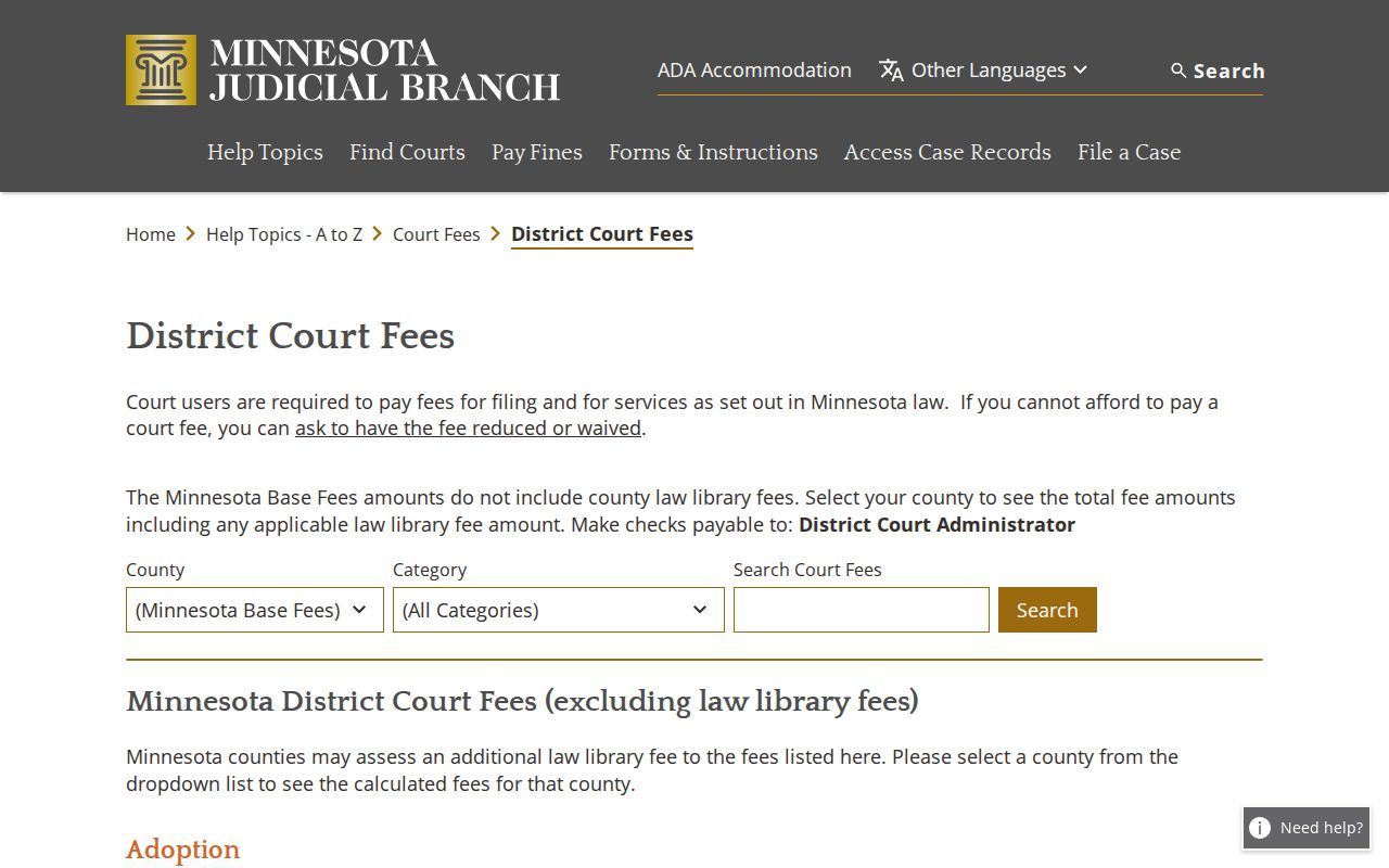 Carver County court records statewide district-court fee schedule for certified copies