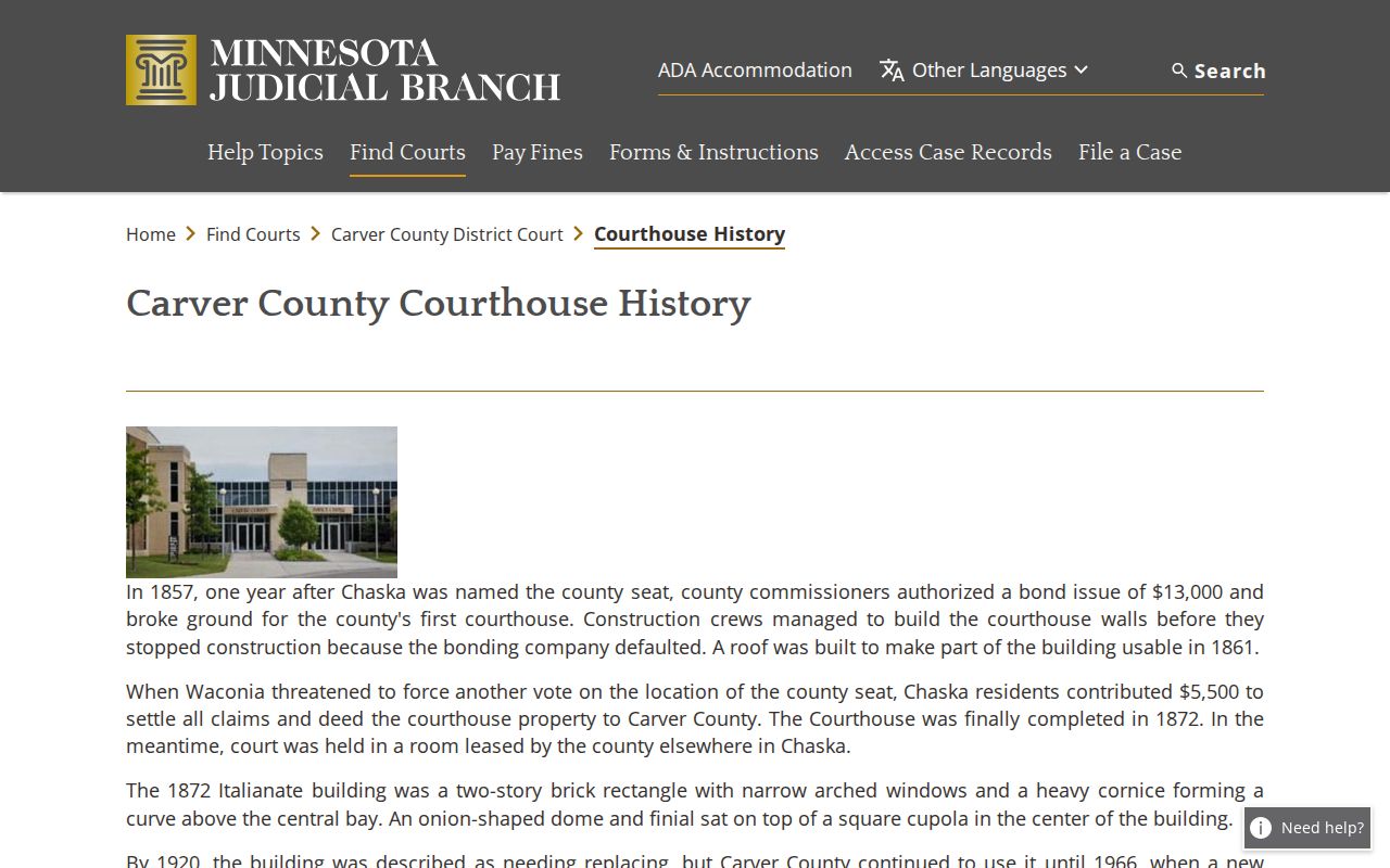 Carver County court docket courthouse history at the Chaska Justice Center