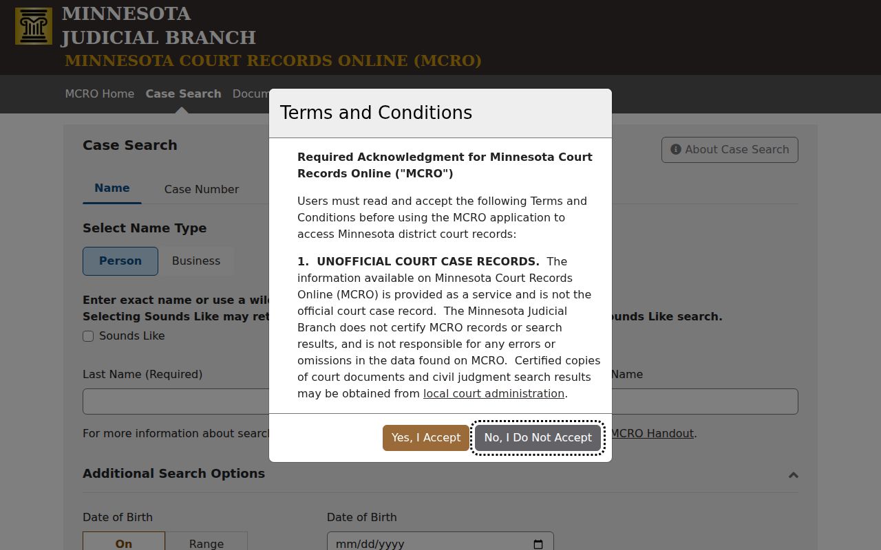 Carver County court docket MCRO case search interface