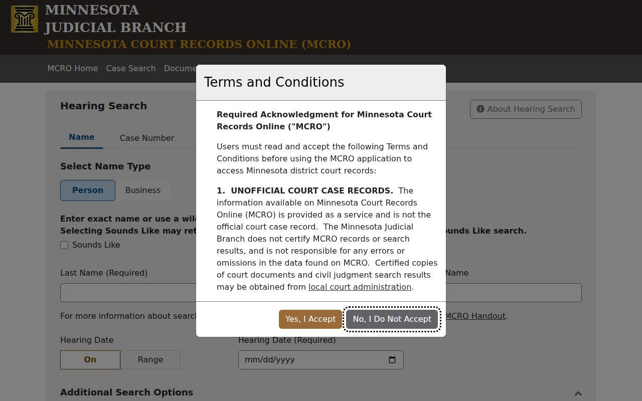 Carver County court docket MCRO hearing search interface