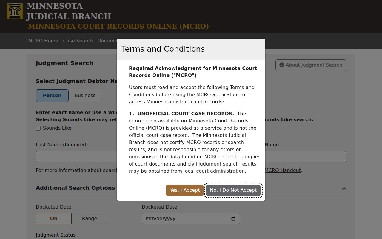 Carver County court docket MCRO judgment search controls