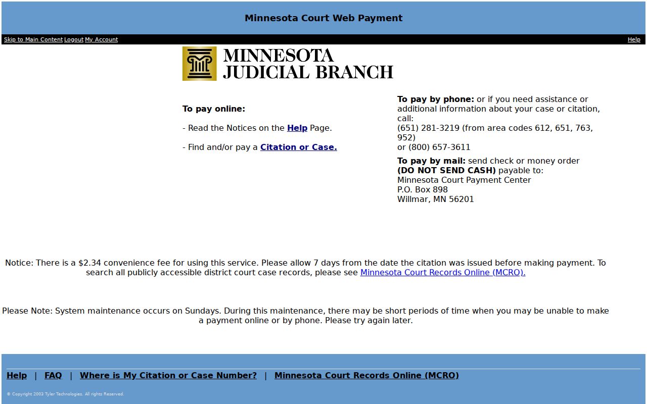 Carver County traffic court records Minnesota Court WebPay payment landing page